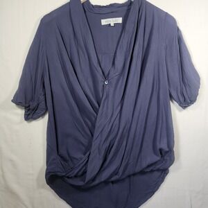 Miss‎ Lulo Womens Wrap Front Surplice Blouse Blue Purple V-Neck Short Sleeve L